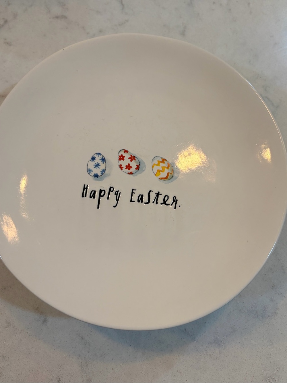 4 Rae Dunn 8” White Happy Easter Plates Blue Red Yellow Egg Accents